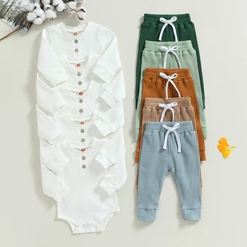 0-24 м, Пролет-есен, комплекти дрехи за новородени момчета и момичета, трикотажни боди с дълъг ръкав в рубчик + панталони, всекидневни, спортни костюми за деца