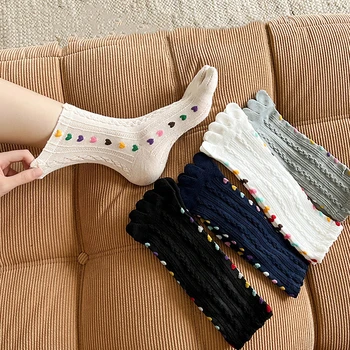 1 чифт Цветни чорапи с пет пръста във формата на сърца за жени, пролет-есен, Памучни чорапи със средна тръба, дишащи Чорапи за екипажа