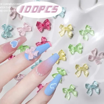 100шт Окачване за нокти с бантиком от смола, Aurora Crystal Clear, Аксесоари за нокти с лък-пеперуда за дизайн на ноктите, детайли за занаяти собствените си ръце,