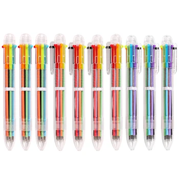 10шт Канцеларски 6-Цветна Химикалка Писалка Прозрачна Ивица богат на функции двигателят е с мазителна Дръжка Rainbow Pen Училище писма