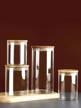 200 мл прозрачна стъклена бутилка с бамбук капак, стъклени буркани за съхранение на хранителни продукти