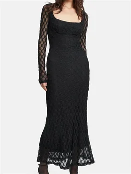 2023 Елегантно дамско Пролетно-есенни празнично дълга рокля с прозрачни дълъг ръкав и квадратни деколтета, дантелено приталенное рокля с цветен модел, Vestidos