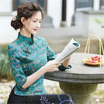 2023 Китайски топ с флорални принтом hanfu, дамски източна риза, традиционна реколта блуза чонсам в етнически стил, костюм тан a439