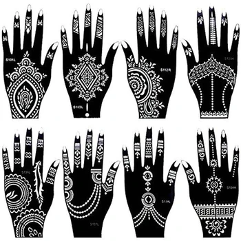 8 Листа шаблон за татуировки индийска къна за жени, момичета, боя за ръцете и на пръстите, временни самозалепващи шаблони татуировки за еднократна употреба