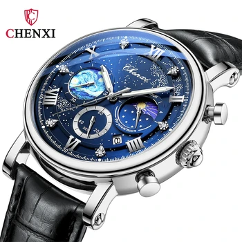 Chenxi 972 Sun Stars Многофункционални Модерен Мъжки Кварцов Часовник С Календар От Време На Фазата На Луната Man