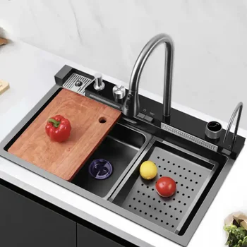 MCBKRPDIO black SUS интелигентна кухненска мивка от неръждаема стомана и са ръчно изработени, кухненска мивка с водопад, кухненска мивка с цифров дисплей