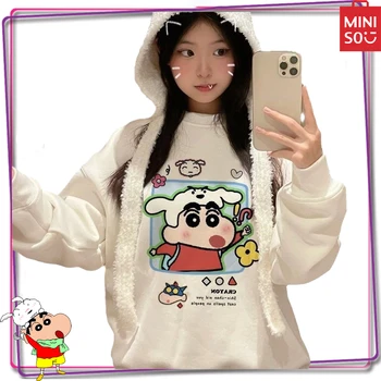 Miniso Crayon Shin-Chan Hoody с Анимационни герои Y2K, Женски Зимата на Топло Сгъсти Пуловер, Всекидневни Топ С Дълъг Ръкав, Подарък