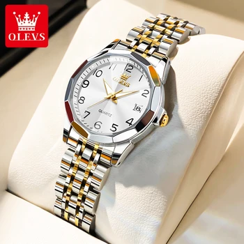 OLEVS Модерни кварцови часовници за жени, огледало за диаманти, диаманти, класически дигитален циферблат, двойна календар, елегантни дамски ръчен часовник в стил ар нуво