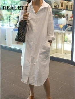 REALEFT Есенни Бели Дамски ризи, рокли, Новост 2023, Однобортное Пряко Корейското ежедневното Свободно рокля трапецовидна форма, с джобове, женствена рокля