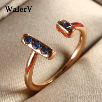 WalerV Нови пръстени златни цветове, женски пръстен, модерен чар, индивидуалност, Отворен пръстен във формата на буквата Т, синьо мънисто/подарък за сватба/парти