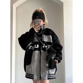 Y2K Пънк Черна бейзболна яке в стил мозайка, дамски градинска облекло и интериор в японски стил Хип-хоп, зимни връхни дрехи оверсайз, ежедневното палто в стил харадзюку