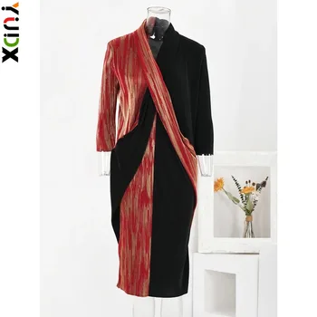 YUDX Miyake Разлика от Цветно плиссированное рокля с сращиванием, женствена рокля с V-образно деколте, Нередовен дизайн, Тънки рокли, с Елегантно парти, на Новост на пролетта 2024 г.