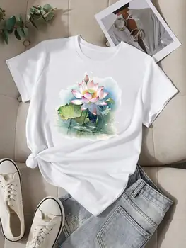 Акварел цвете, скъпа женска тениска с кръгло деколте и къс ръкав на 90-те години, дамска мода, всекидневни топ с принтом, графична тениска-чай