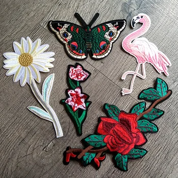 Висококачествена нашивка от 1 бр. пеперуда-фламинго, Рози цветя, ленти за дрехи, значка с желязо, бродерия дрехи, стикер за шиене, апликация райе
