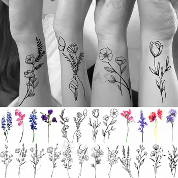 Временни татуировки пеперуда-георгином и лилия за жени, реалистична татуировка с изкуствена роза за момичета, Водоустойчив татуировка на боди арт с лавандула