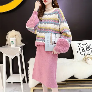 Всекидневни женски комплект от 2 теми, модерен вязаный пуловер с дълъг ръкав + пола с висока талия, Корейски елегантен пуловер, костюм