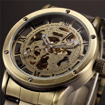 Горещи Продажба SHENHUA Watch Мъжки Модни Старинни Бронзови Часовници Луксозен Скелет Автоматични Механични Ръчни Часовници за Мъже Reloj Hombre