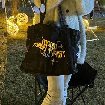 Градинска деним холщовая чанта Y2K с бродерия букви с голям капацитет, чанта на рамото, чанта за майката, чанта за пазаруване, американската Реколта чанта
