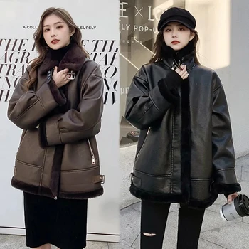 Гъст топло кожени палта, дамски Зимни Нови якета от кожа агне, на Корейското палто от изкуствена кожа с безплатен яка-часова, всекидневни мотоциклет топ, дама