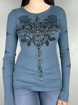 Дамски есенни ежедневни блузи в готически стил, тънка синя тениска с дълги ръкави и шарките на планински кристал