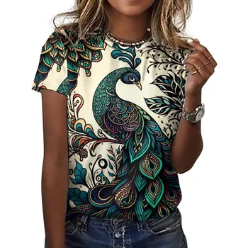 Дамски модни тениска с къс ръкав и принтом павлина, женска тениска за ежедневно носене Y2k