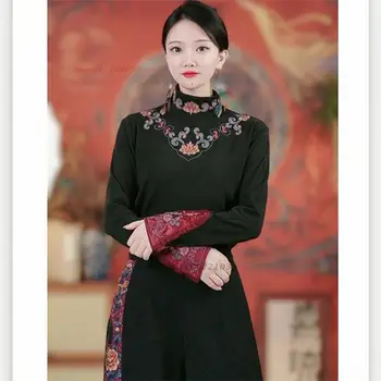 дамски ризи са с яка-часова национална бродерия на цветя 2024, традиционна риза тан, реколта риза, топ hanfu, китайска реколта тениска