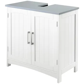 Дървен шкаф за съхранение на Мебели за баня Под мивка Шкаф с двойни врати Бял Сив