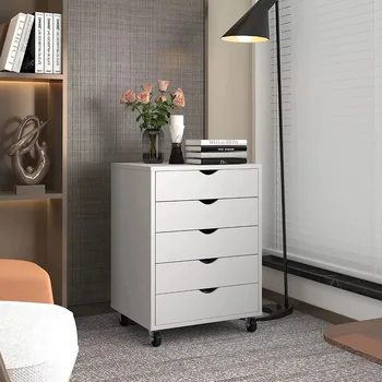 Дървен шкаф метален шкаф с 5 чекмеджета, Мобилен Органайзер за офис съхранение, количка на колела за офис стая, бял