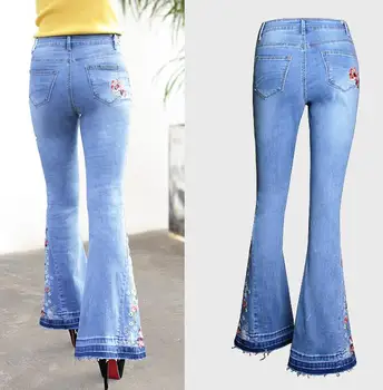 Европейски и Американски женски широки Дънкови панталони разкроена панталони Дънки с бродерия Женски