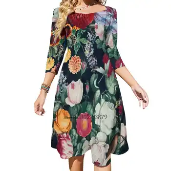 Екзотична градина - Нощ Xiii, рокля с шнур на гърба, рокля с квадратни деколтета, модно рокля с принтом 6Xl, градина с цветен модел Маргаритки