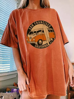 Ефектно Тениска С Ниски Рамо Оверсайз С Графичен Принтом Vintage Bus San Francisco California, Забавна Тениска С Къс Ръкав, Свободни Дълги Върхове