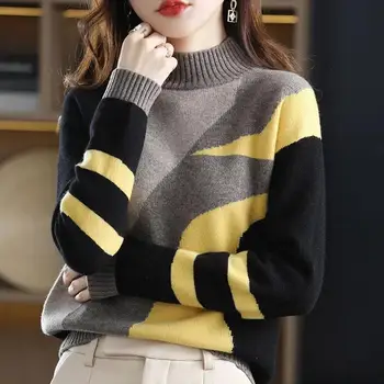 Жена комплект пуловери с полувысоким деколте, есенно-зимния нов универсален трико в тон, женски свободен плюшено сгъсти спускане