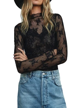 Жена многослоен топ от прозрачна мрежа с дълъг ръкав, тениски с имитация на вратата и флорална дантела, прозрачна риза, блуза