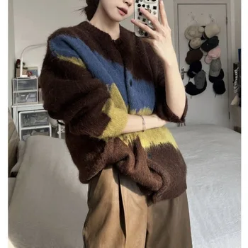 Жена с жилетка, пуловер копчета, пролет и есен, Корейски реколта, свободен кръгъл отвор, лоскутная задължителни, Офис Дамско палто с дълги ръкави