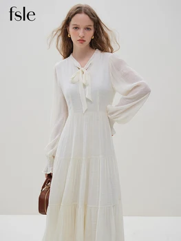 Женствена рокля с лък и дълъг ръкав FSLE, есен-зима 2023, Ново стилно жаккардовое рокля, Бяла женствена рокля с дълъг ръкав, всекидневното