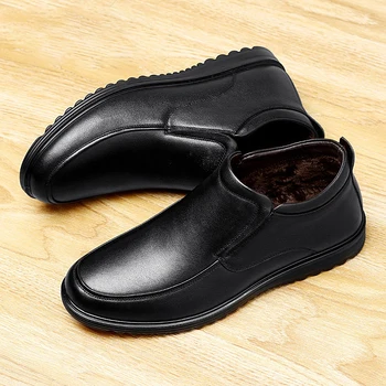 Зимна класически мъжки обувки от естествена кожа 2023 година, топло плюшен бизнес обувки, мъжки ежедневни обувки, Памучни обувки на дебела подметка