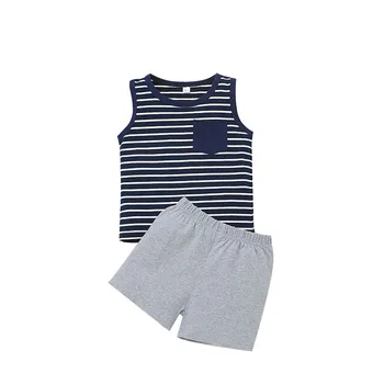 Комплект летни дрехи за най-малките момчета от 2 теми, Корейски модерен ежедневни памук жилетка без ръкави в ивицата + шорти, облекла за детски бутик BC2150-1