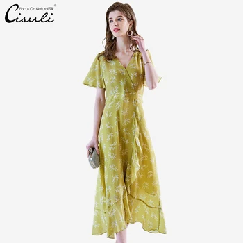 Копринените Креповое рокля CISULI от 100% естествена коприна с принтом Лятна Дълга рокля с Цветен модел Дышащее