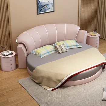 Кръгло легло двойна размера с мрежа от естествена кожа, червен кръг, модерна, лесна и луксозна спалня на принцеса, хотелска двойка