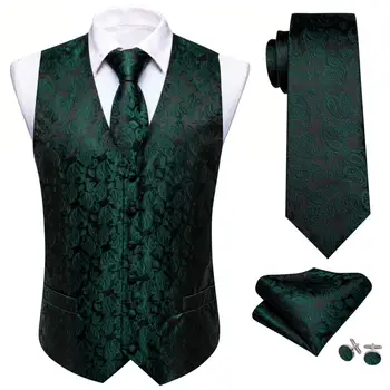 Луксозен копринен елек за мъже, зелен, черен, с цветя модел Пейсли, жилетка, комплект за вратовръзки, Сватбена официалната парти, Бизнес яке без ръкави, Бари Уонг
