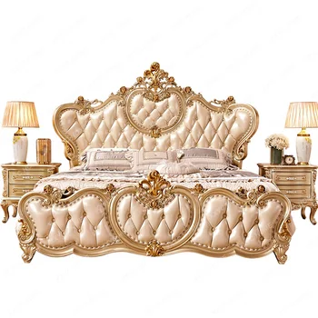 Луксозна спалня 1,8 м цвят шампанско, злато, френска естествена кожа, масив, дърво, първата Брачна легло, Дъб легло принцеса