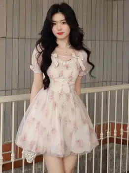 Лятото е сладка мини рокля с флорални принтом Женско Френско Елегантна рокля фея Дамски Корейската мода Хубава вечер мини рокля Лято 2023