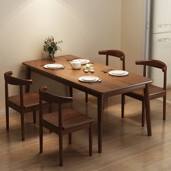 Маса за хранене в скандинавски стил, с правоъгълна наетия маса за хранене, масивни дървени крачета, проста комбинация търговски маса за хранене и столове