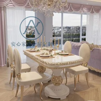 Маса и стол от масив френски дърво по поръчка, модерен и луксозен правоъгълен дялан маса за хранене европейската романтична принцеса