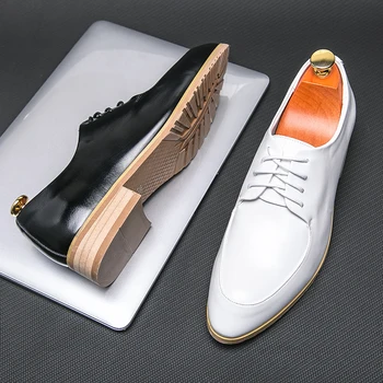 Модела обувки с дантела, Oxfords, Модерен Ретро Елегантен офис обувки за почивка, мъжки сватбена кожени обувки, Официалната обувки в бял цвят