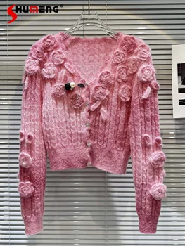 Модни Сладки Възли върховете 2023, Есенни женски нов обикновен пуловер с 3D цветен дизайн, Елегантно палто-жилетка с дълъг ръкав