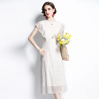 Модно Подиумное Бяло дантелено рокля за абитуриентски бал С къс ръкав Midi, с дълга цветна бродерия, секси Вечерна рокля, Тънката рокля 2023 Лято