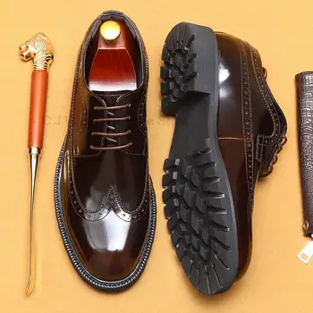Мъжки oxfords от естествена кожа с високо качество, Класически модел обувки, Маркови Меки Офис Бизнес обувки с перфорации тип 