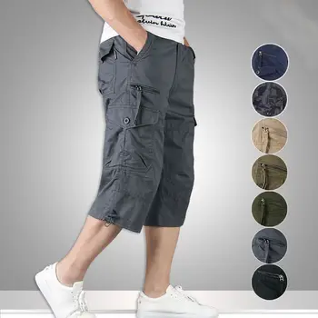 Мъжки капри, мъжки къси панталони-карго, свободни тънки ежедневни панталони за спорт на открито с множество джобове