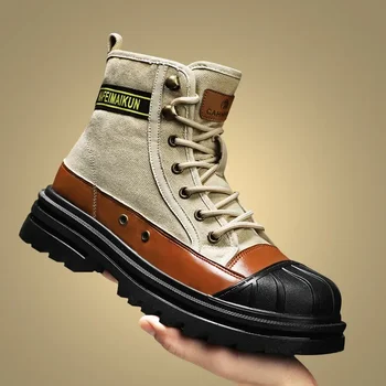 Мъжки обувки, Есенни и зимни Дишащи обувки с висок берцем, Универсална Парусиновая Ежедневни обувки на дебела подметка, Мъжки обувки 2024